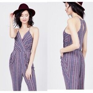 BCBGeneration Jumpsuit Women M Crossover V-neck Draped Pocket Striped Boho Beach